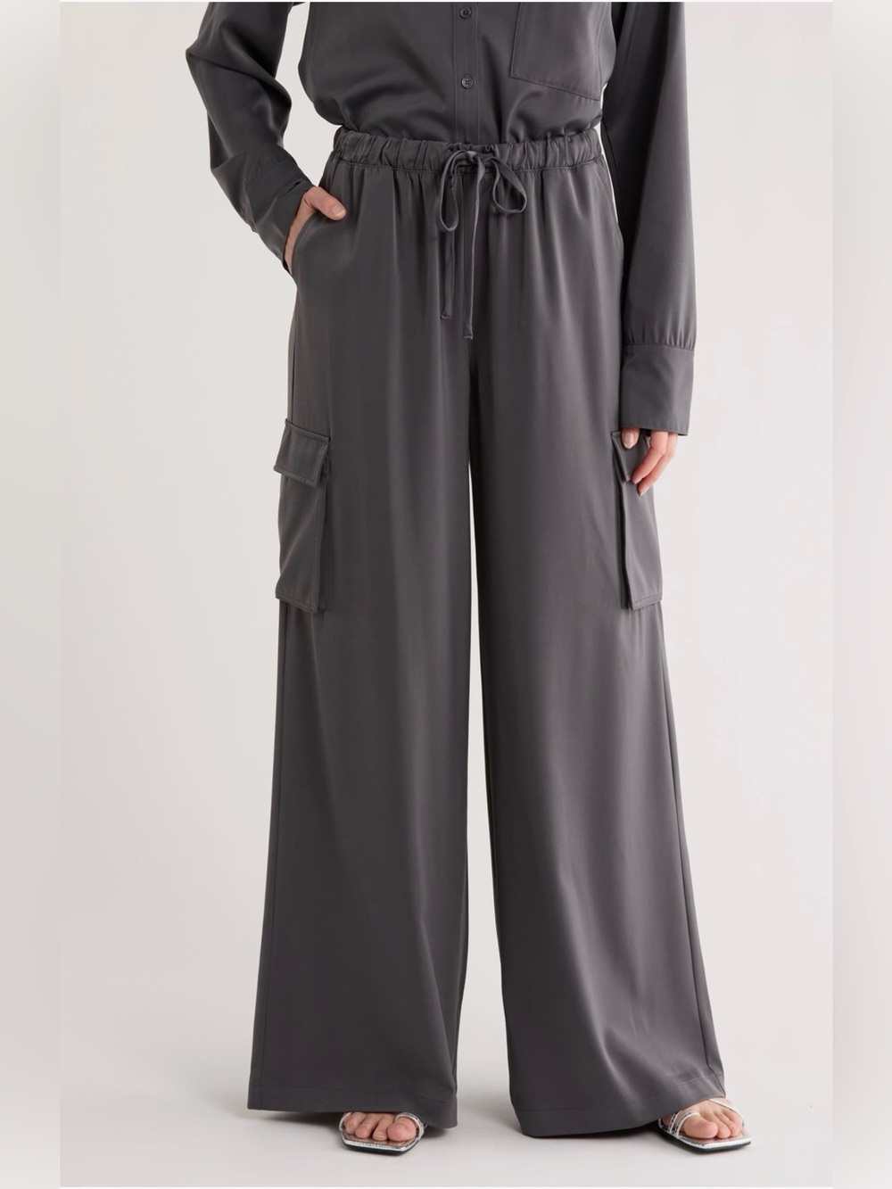 Splendid Satin Drawstring Wide Leg Cargo Pants
